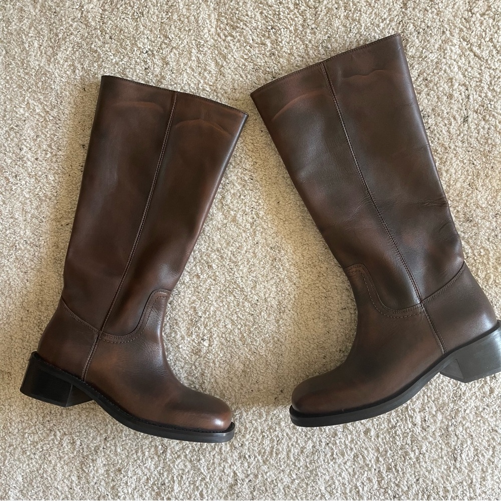 NEW Steve Madden Riggs Banana Boots Leather Knee High Moto Brown Distressed - Picture 4 of 9